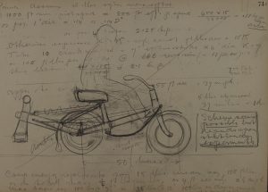 Sketchbook drawing of a bicycle or tricycle for hot air engine study - 'moped', 'scheme seems possible but depends upon stationary experiments' (ref. no. LAN/4/13/152).